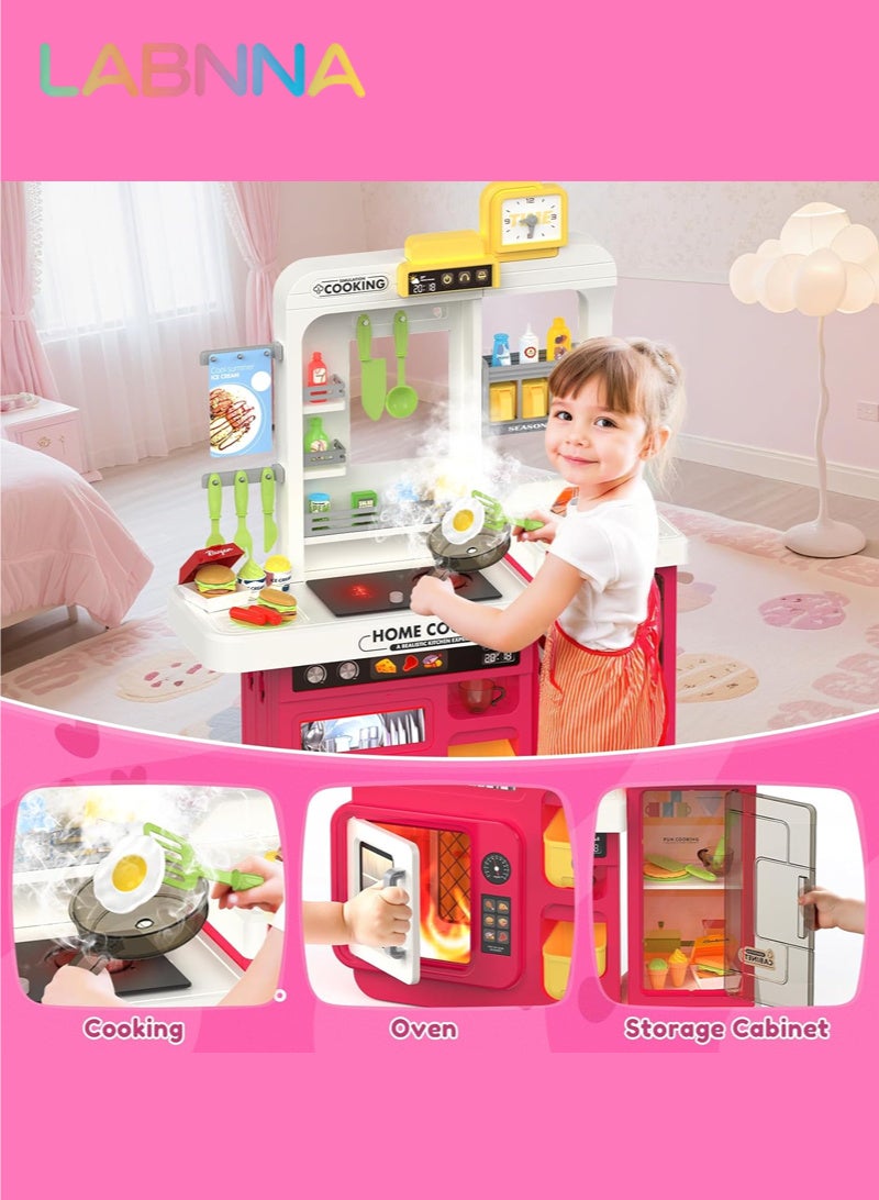 LABNNA 68 PCS Kids Kitchen Playset,Toddler Kitchen Playset for Toddlers 3+ Years, 32.2IN Play Kitchen with Spraying, Light Sound, Cooking Stove, Play Sink, Oven and Toy Kitchen Accessories (Red) - Image 3